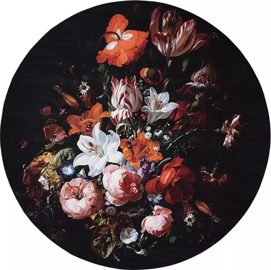 Fraai Rond bloemen vloerkleed Florine Zwart Oranje Ø160cm