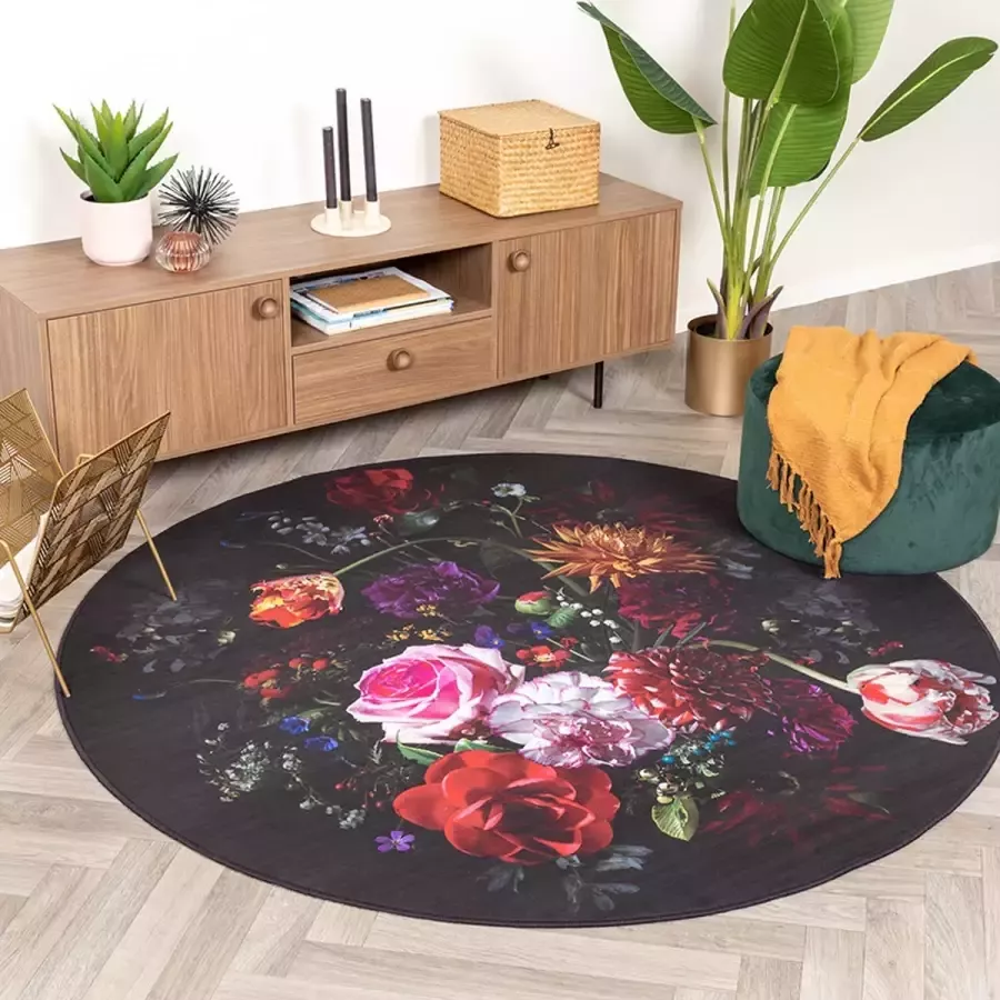 Fraai Rond bloemen vloerkleed Florine Zwart Roze Ø120cm