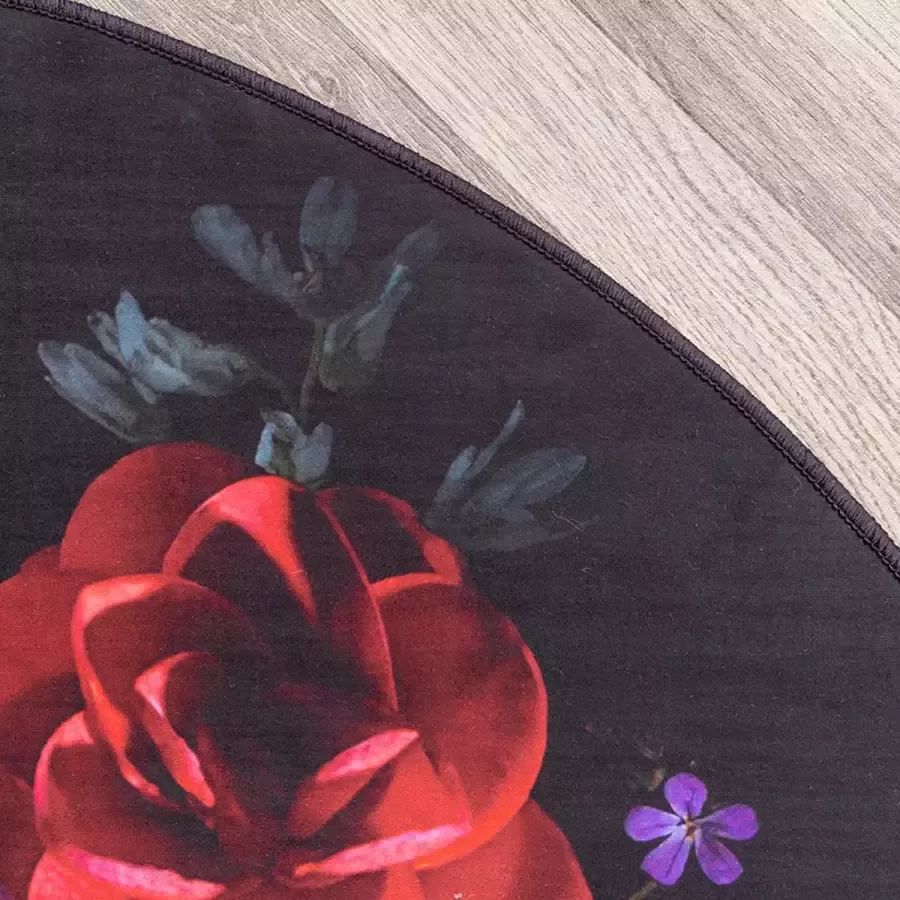 Fraai Rond bloemen vloerkleed Florine Zwart Roze Ø160cm