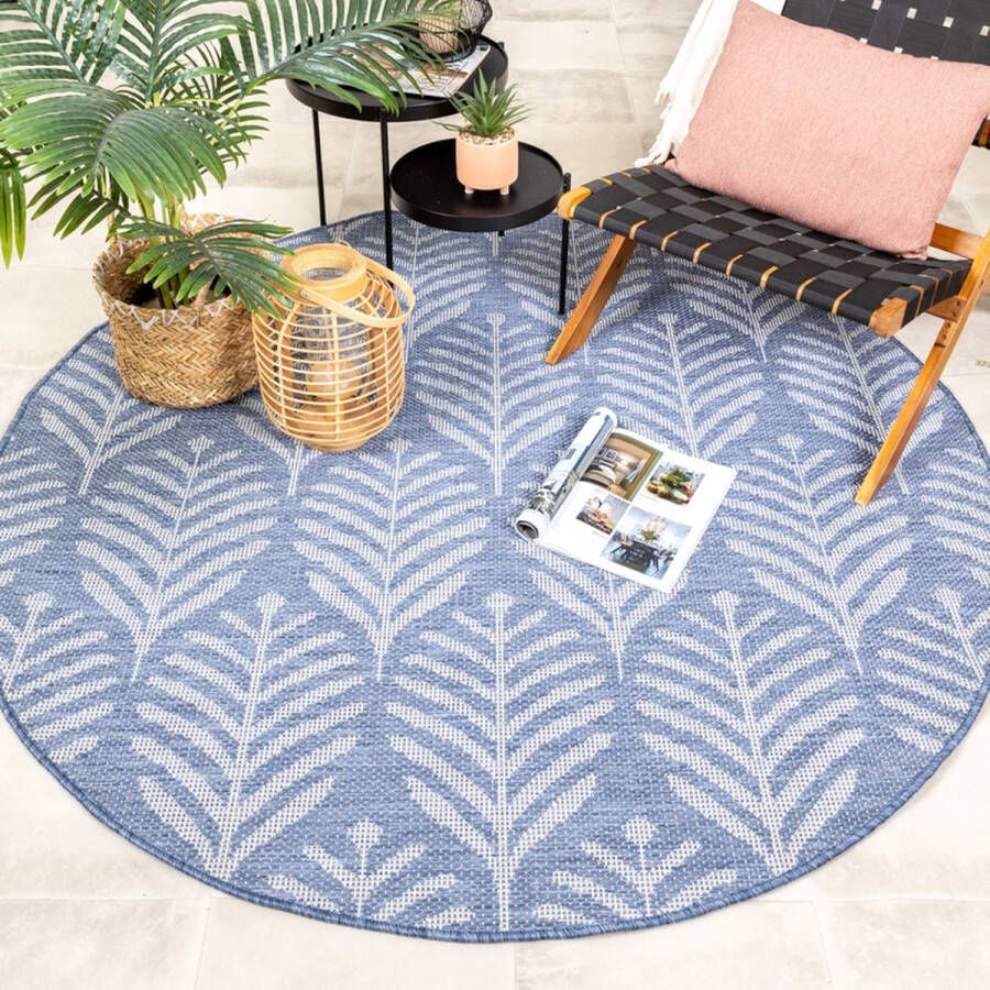 Fraai Rond buitenkleed Summer Leaves Blauw Ø 120cm