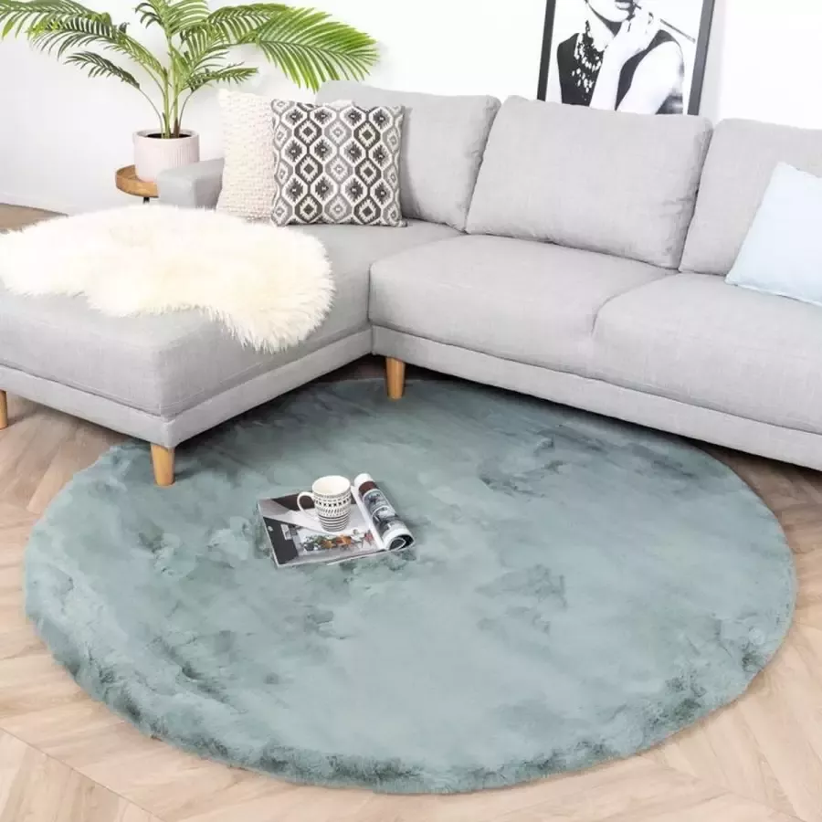 Fraai Rond Hoogpolig vloerkleed Comfy Blauw Groen Ø 80cm