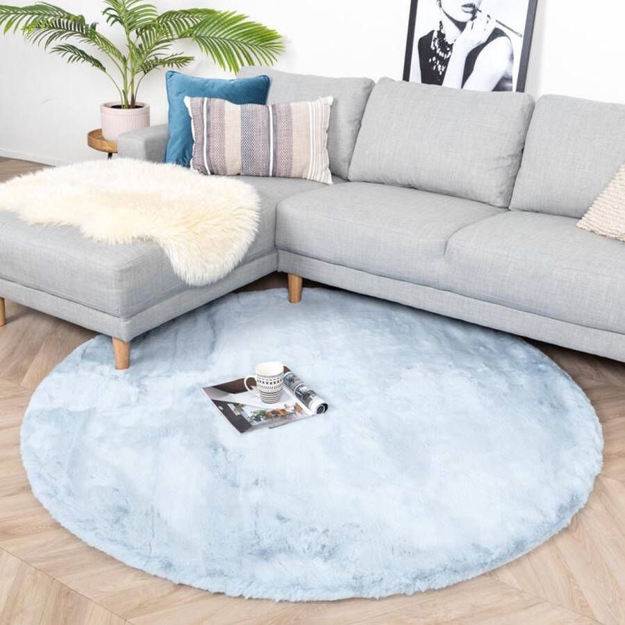 Fraai Rond Hoogpolig vloerkleed Comfy Lichtblauw Ø 80cm