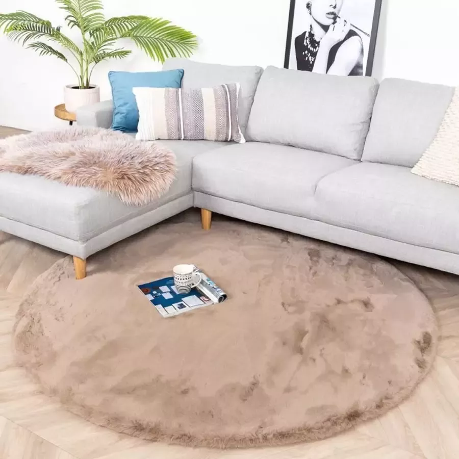 Fraai Rond Hoogpolig vloerkleed Comfy Taupe Ø 230cm