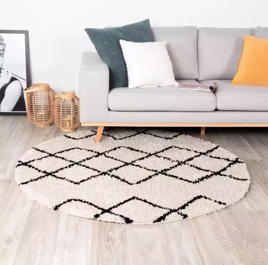 Fraai Rond hoogpolig vloerkleed Grand Diamond Creme Zwart Ø 100cm