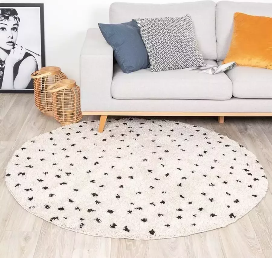 Fraai Rond hoogpolig vloerkleed Grand Dots Creme Zwart Ø 200cm