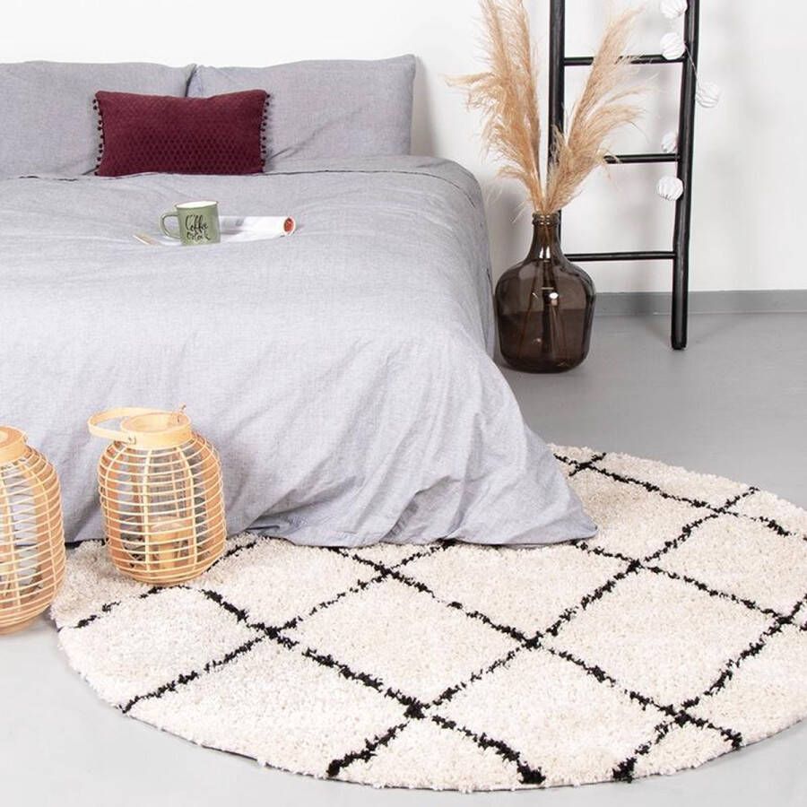 Fraai Rond hoogpolig vloerkleed Grand Lines Creme Zwart Ø 150cm