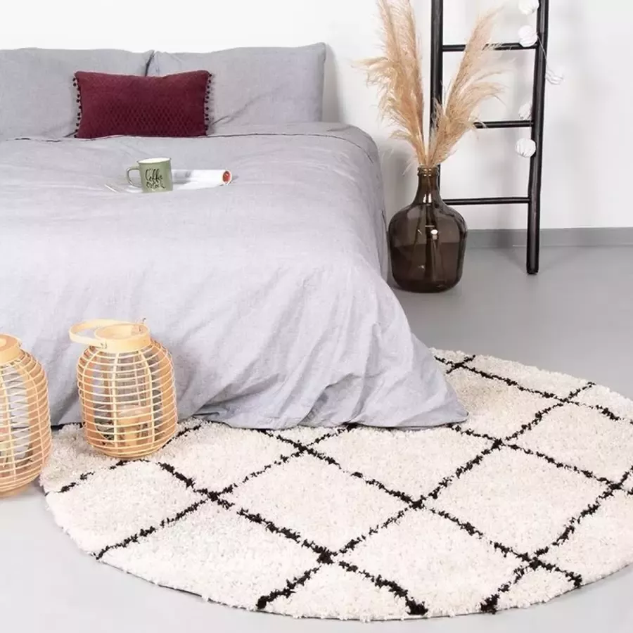Fraai Rond hoogpolig vloerkleed Grand Lines Creme Zwart Ø 200cm