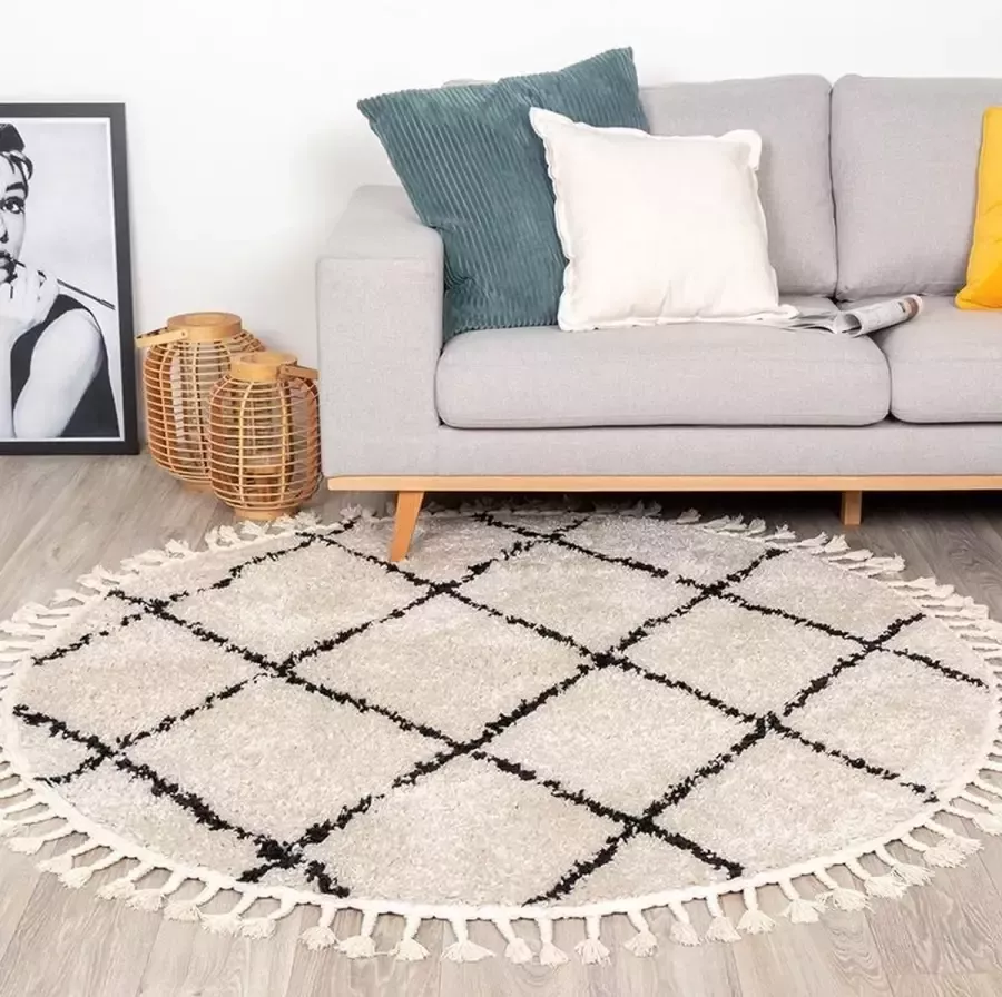 Fraai Rond hoogpolig vloerkleed Grand Lines Weave Creme Zwart Ø 150cm