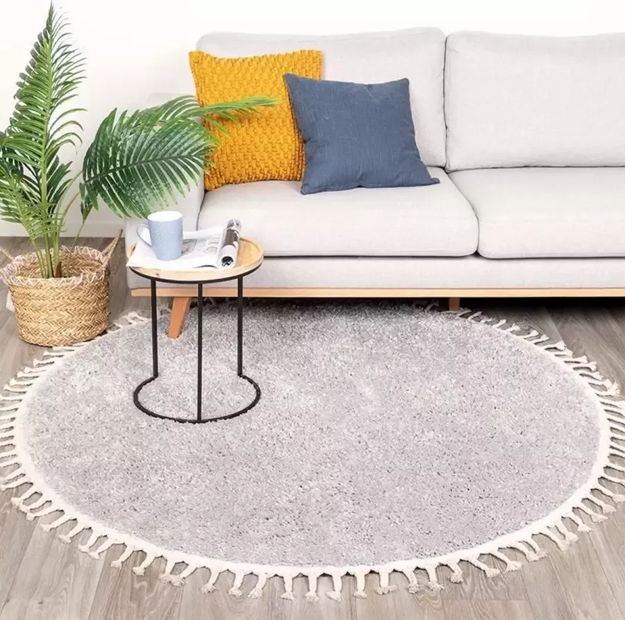 Fraai Rond hoogpolig vloerkleed Lofty Fringe Licht Grijs Ø 100cm