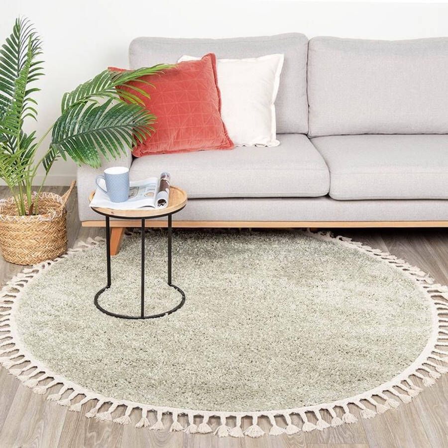 Fraai Rond hoogpolig vloerkleed Lofty Fringe Mint Ø 150cm