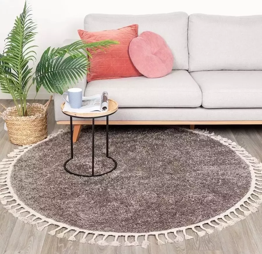 Fraai Rond hoogpolig vloerkleed Lofty Fringe Taupe Ø 100cm