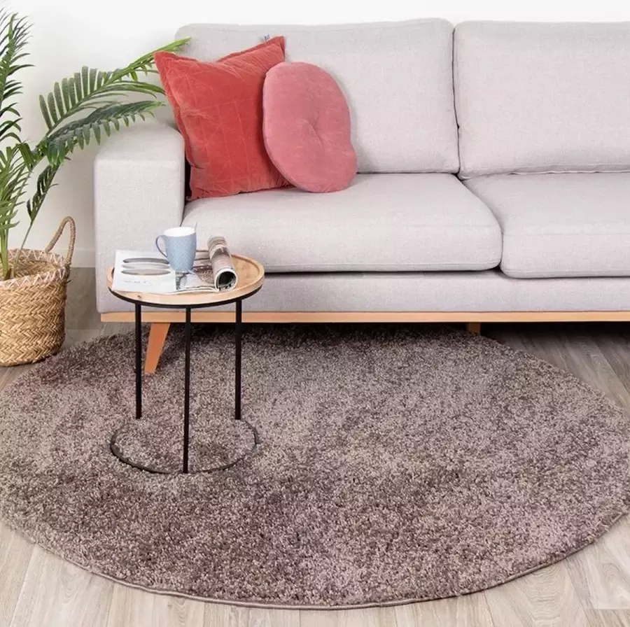 Fraai Rond hoogpolig vloerkleed Lofty Taupe Ø 150cm