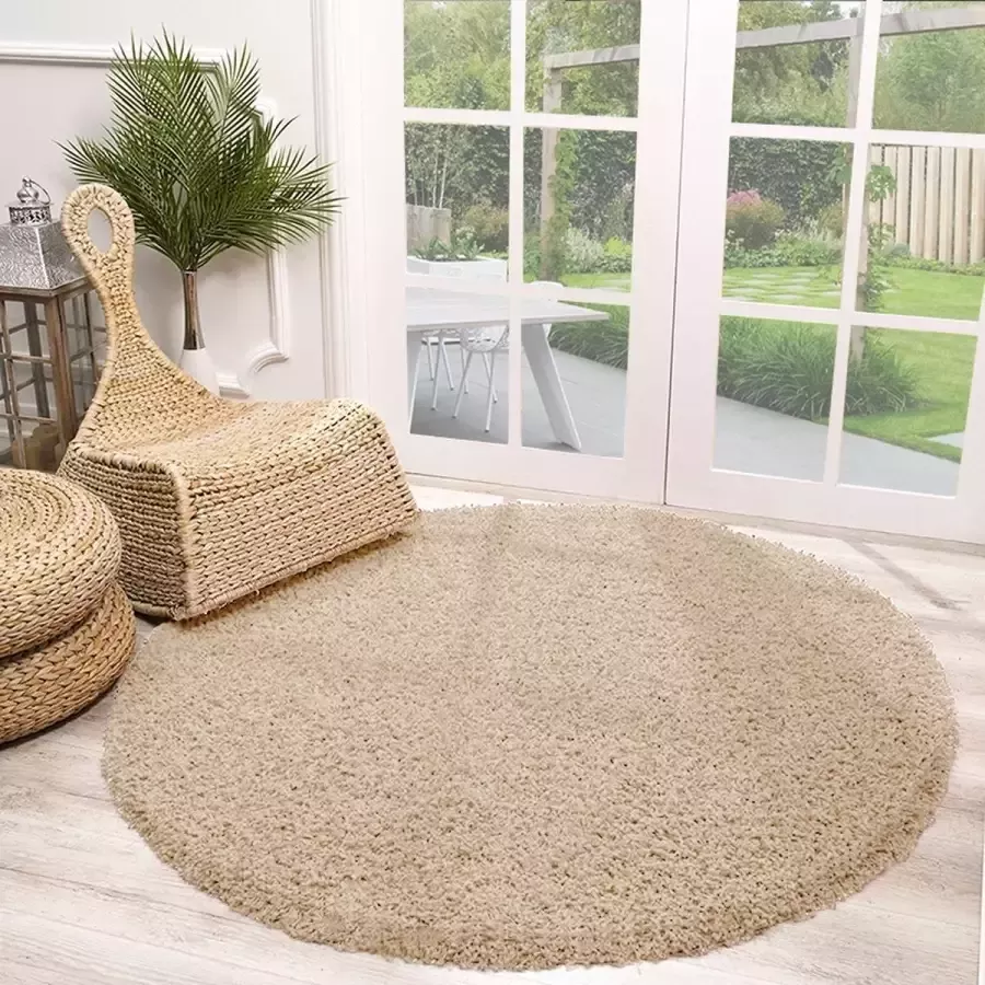 Fraai Rond Hoogpolig vloerkleed Solid Beige Ø 120cm