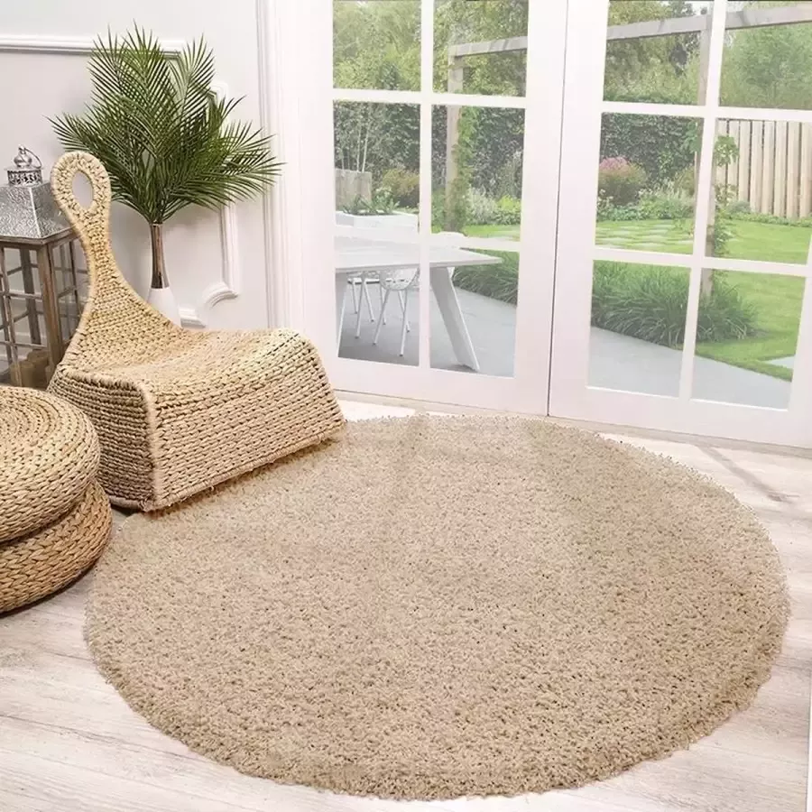 Fraai Rond Hoogpolig vloerkleed Solid Beige Ø 200cm