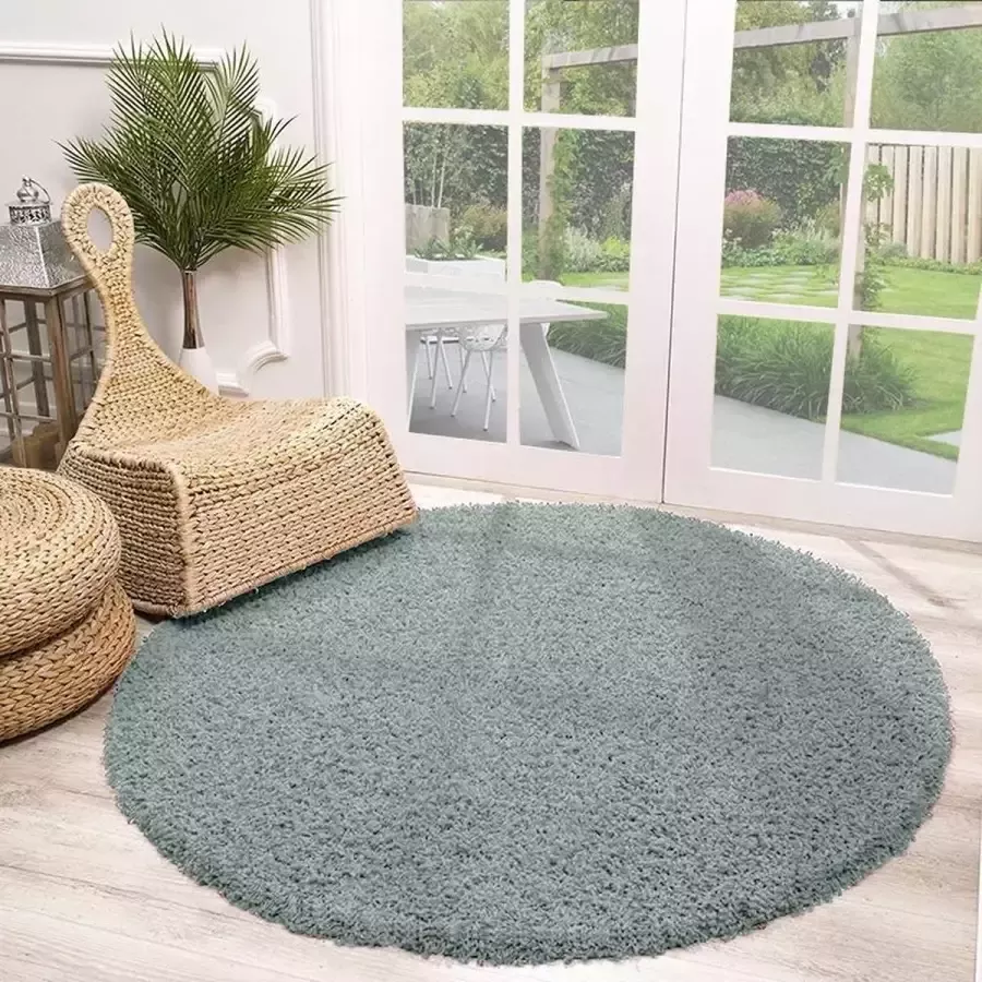Fraai Rond Hoogpolig vloerkleed Solid Blauw Groen Ø 150cm