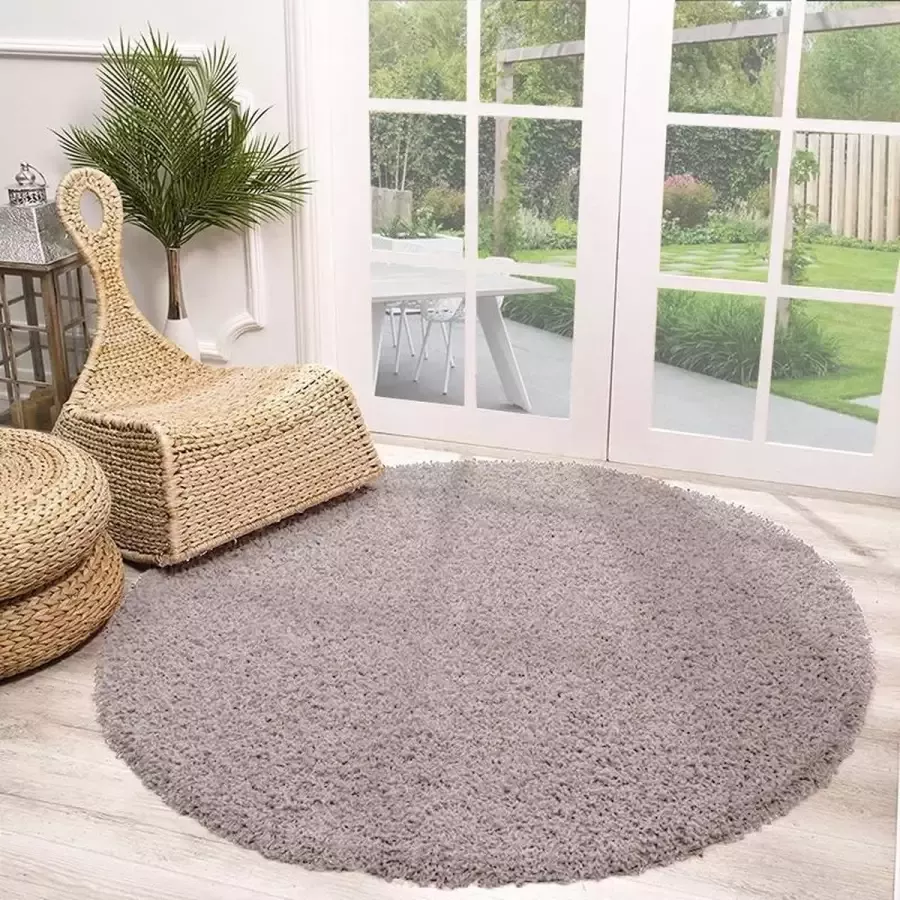 Fraai Rond Hoogpolig vloerkleed Solid Licht Grijs Ø 100cm