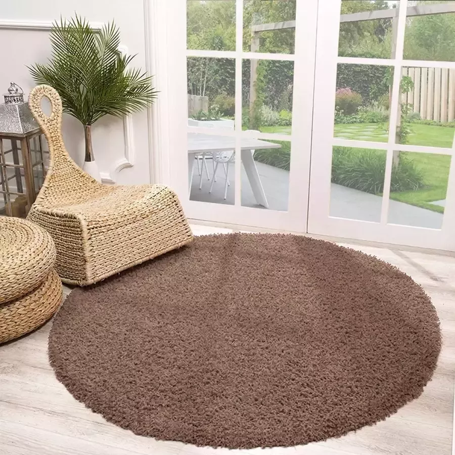 Fraai Rond Hoogpolig vloerkleed Solid Taupe Ø 150cm