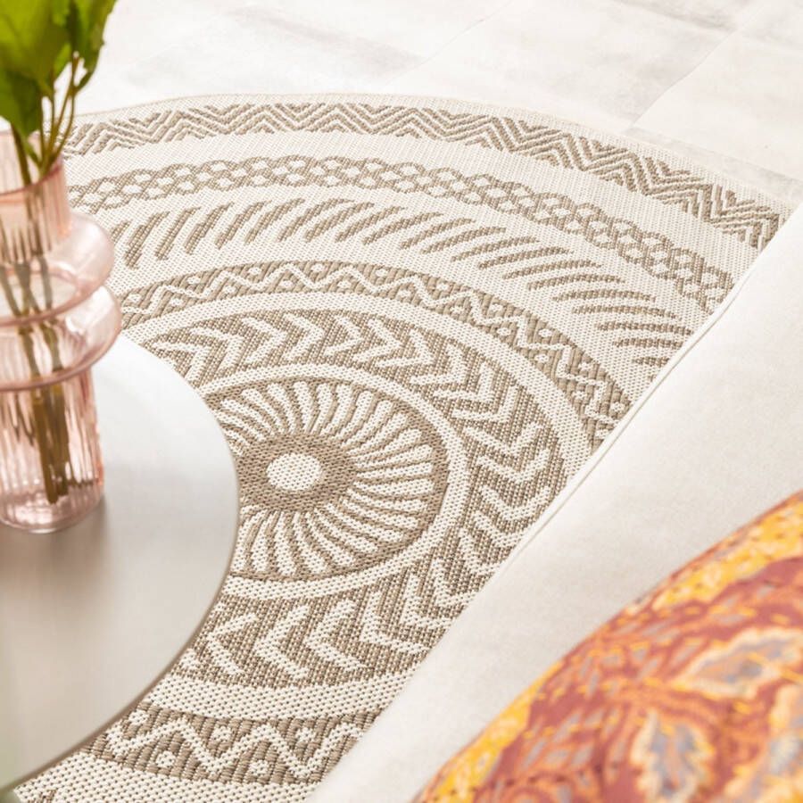 Fraai Rond jute buitenkleed Nomad Aztec Creme Ø 120cm