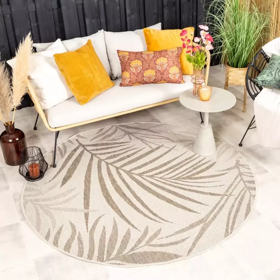 Fraai Rond jute buitenkleed Nomad Leaves Creme Ø 120cm