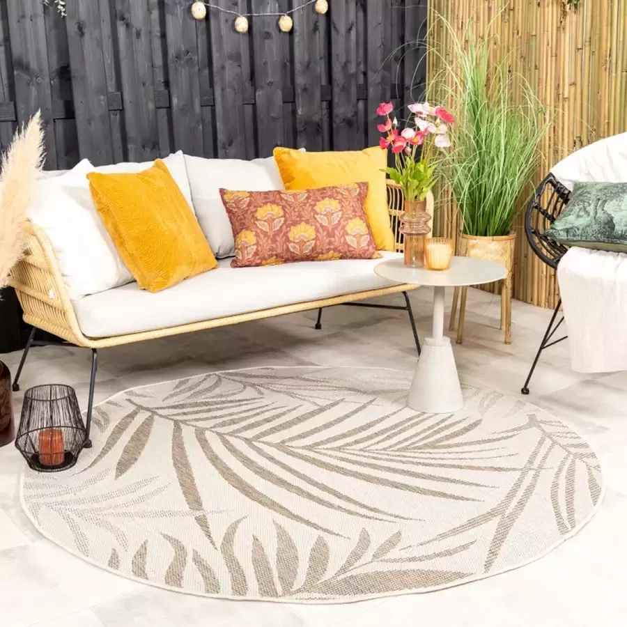 Fraai Rond jute buitenkleed Nomad Leaves Creme Ø 160cm