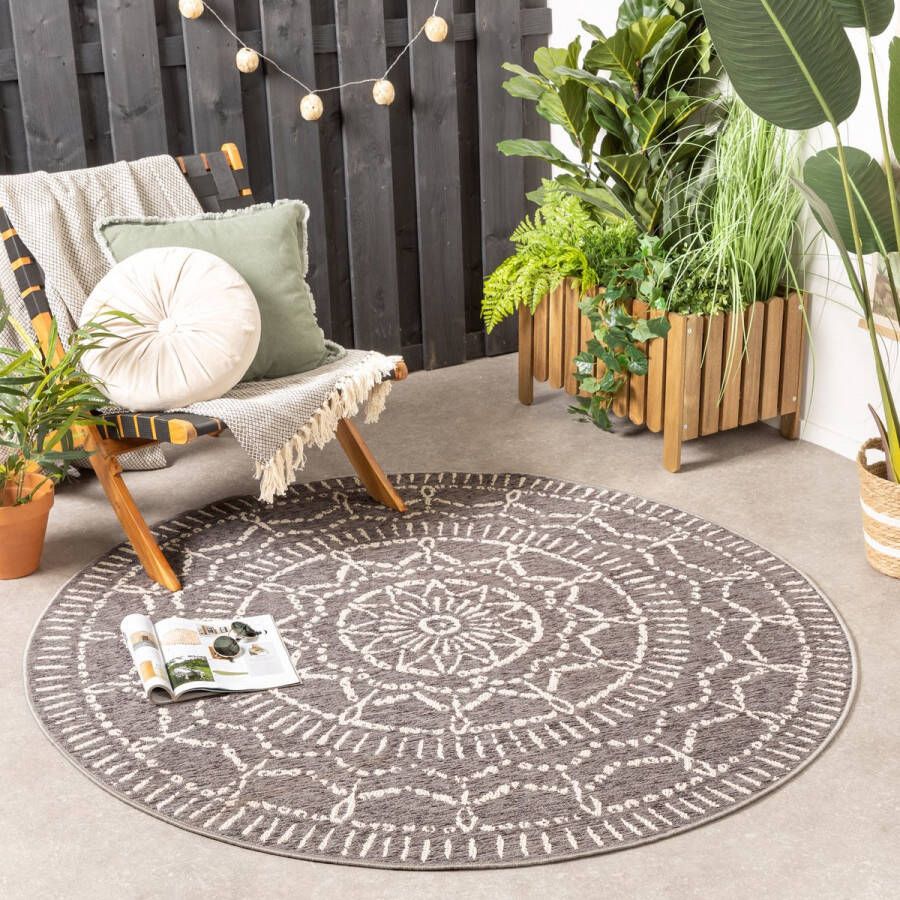 Fraai Rond modern buitenkleed Porto Aztec Lichtgrijs Ø 120cm