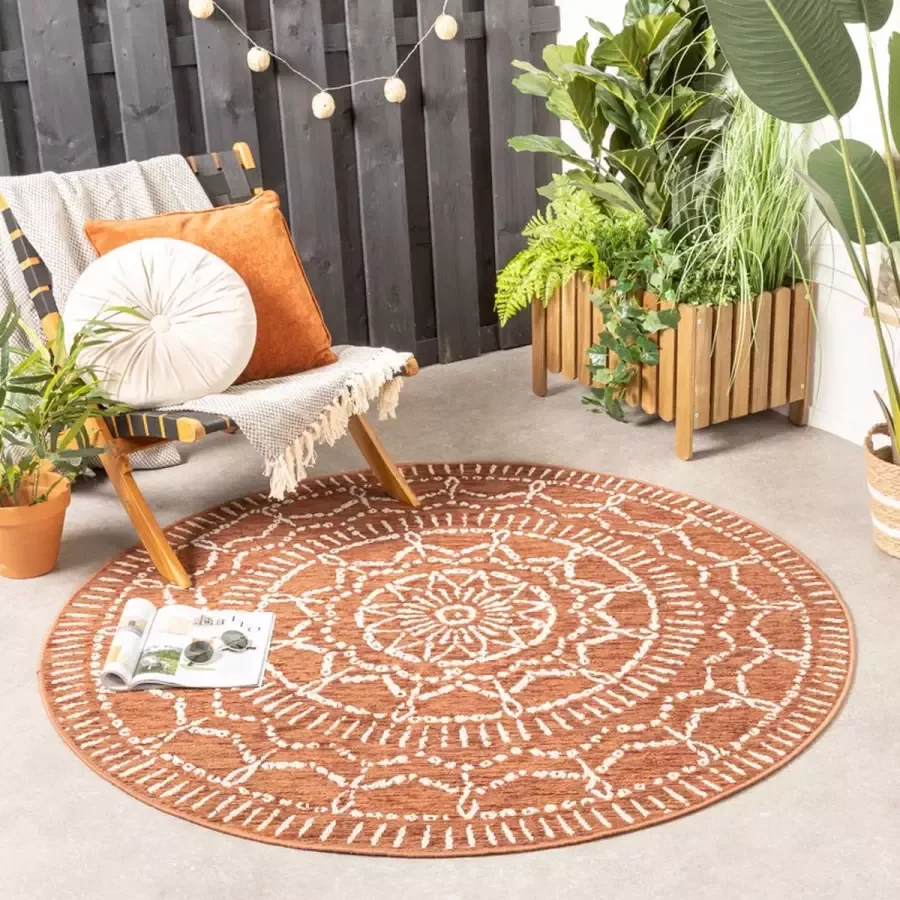 Fraai Rond modern buitenkleed Porto Aztec Terra Ø 160cm