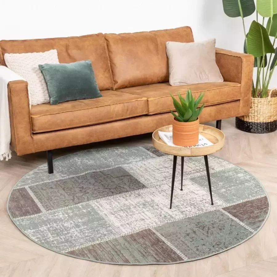 Fraai Rond patchwork vloerkleed Spring Groen Grijs Ø 120cm
