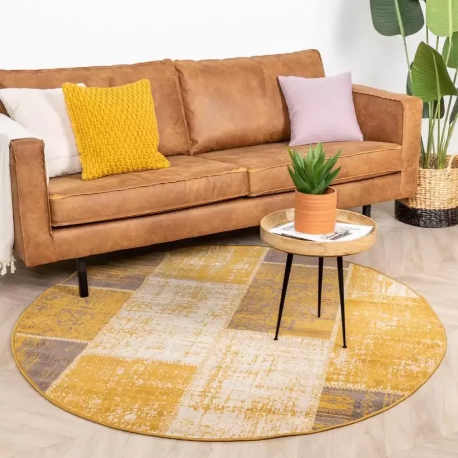 Fraai Rond patchwork vloerkleed Spring Okergeel Taupe Ø 100cm