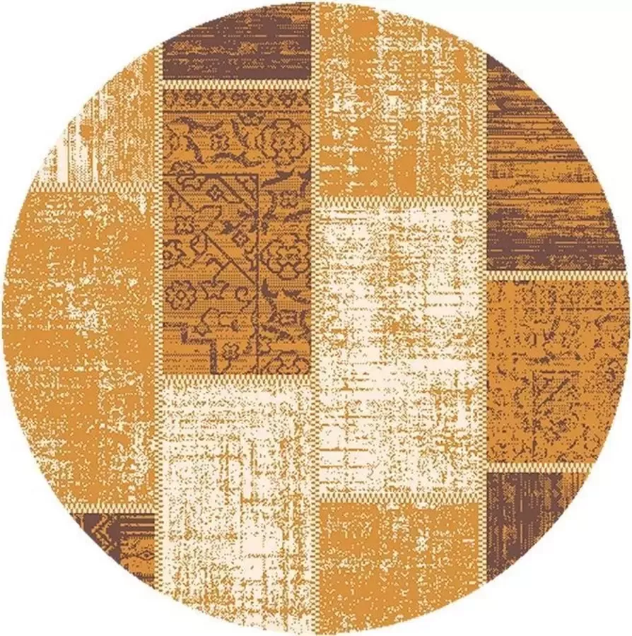 Fraai Rond patchwork vloerkleed Spring Okergeel Taupe Ø 120cm