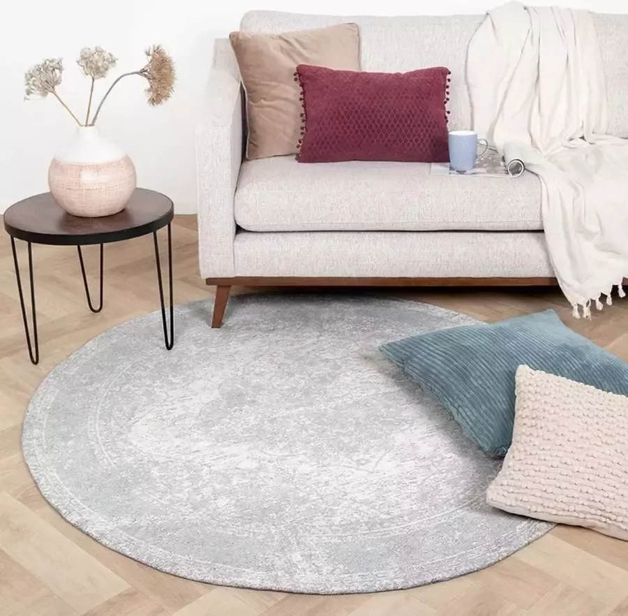 Fraai Rond Vintage vloerkleed Admire Lichtgrijs Ø 200cm