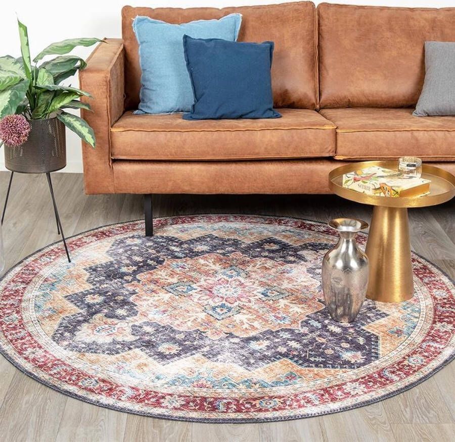 Fraai Rond Vintage vloerkleed Azara Blauw Rood Ø 120cm