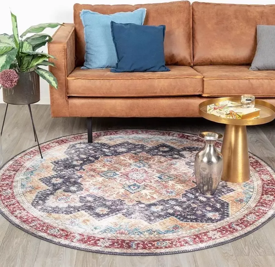 Fraai Rond Vintage vloerkleed Azara Blauw Rood Ø 200cm