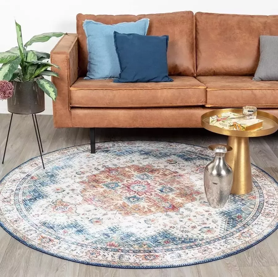 Fraai Rond Vintage vloerkleed Azara Lichtblauw Ø 120cm