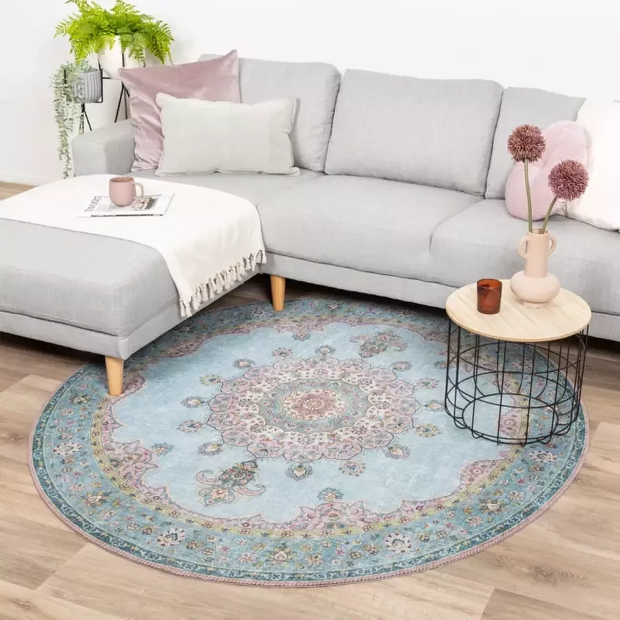 Fraai Rond vintage vloerkleed Lily Medaillon Lichtblauw Ø 140cm