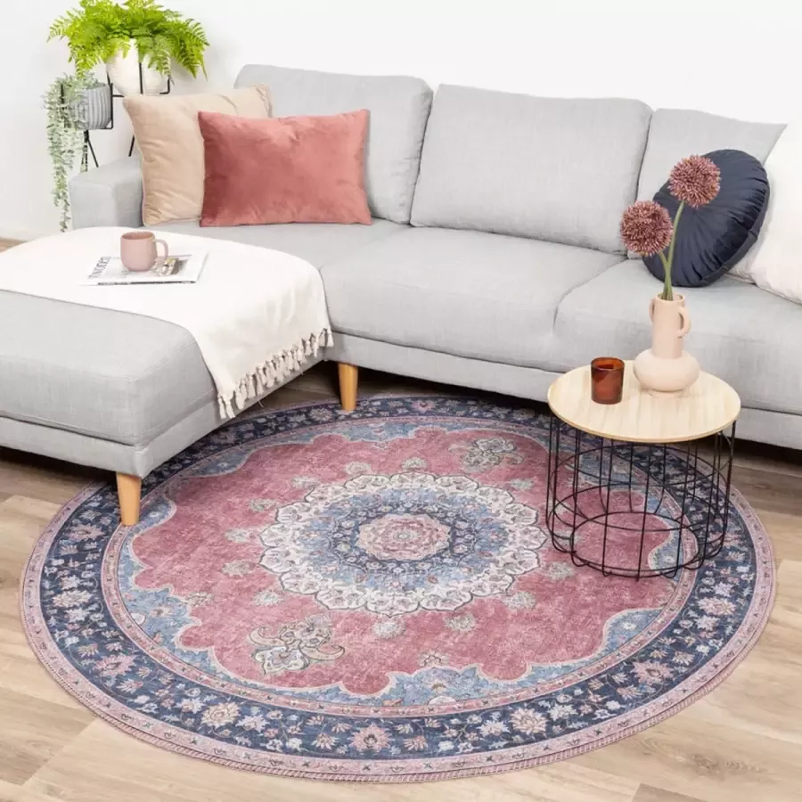 Fraai Rond vintage vloerkleed Lily Medaillon Rood Roze Ø 120cm