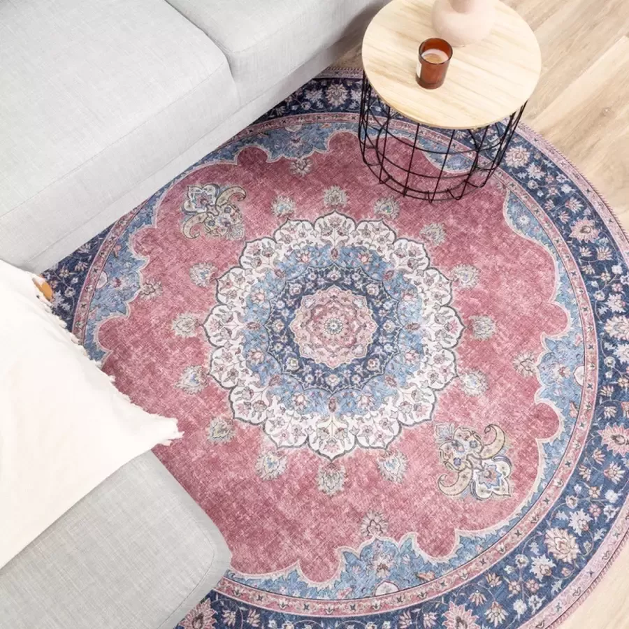 Fraai Rond vintage vloerkleed Lily Medaillon Rood Roze Ø 140cm