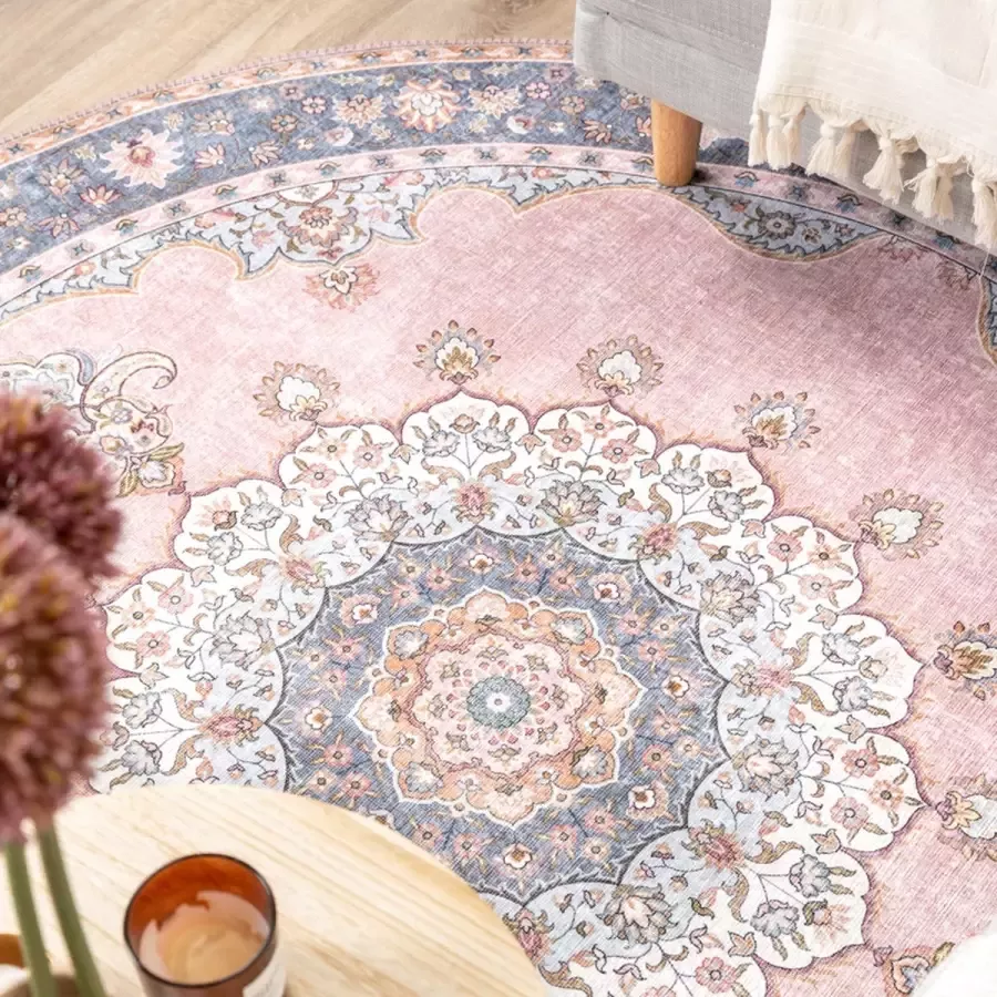 Fraai Rond vintage vloerkleed Lily Medaillon Roze Ø 200cm