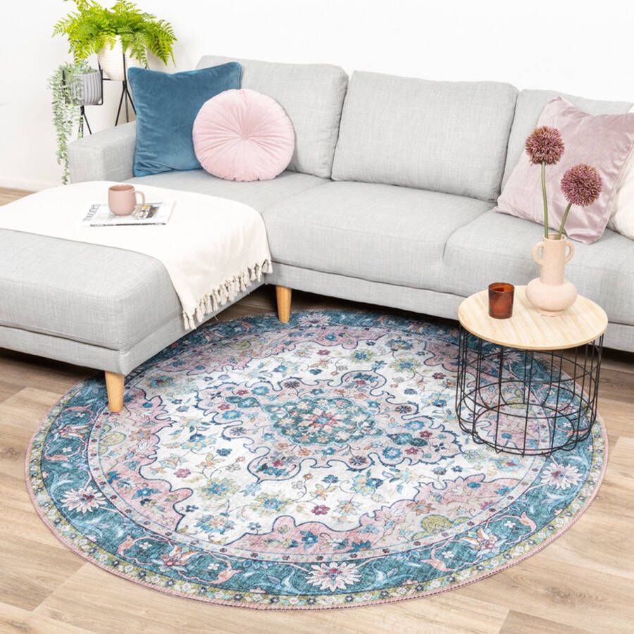 Fraai Rond vintage vloerkleed Lily Oriental Blauw Roze Ø 120cm