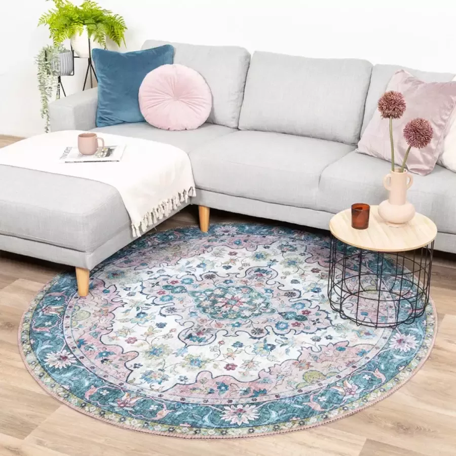 Fraai Rond vintage vloerkleed Lily Oriental Blauw Roze Ø 140cm