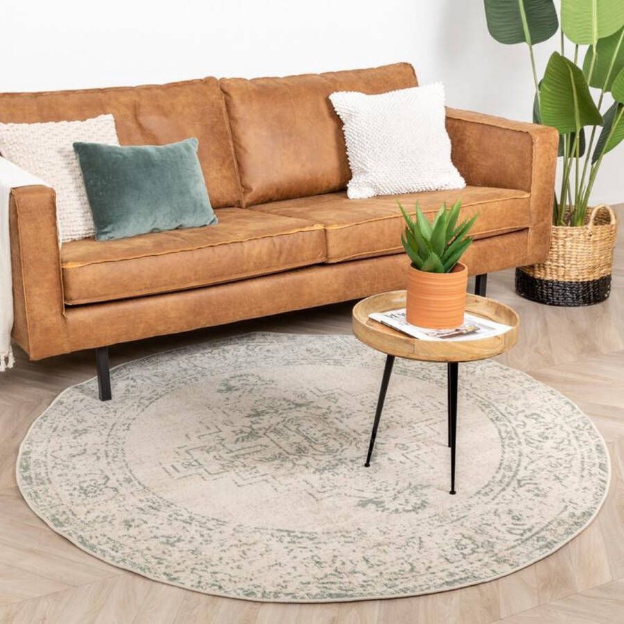 Fraai Rond vintage vloerkleed – Spring Ethnic Creme Groen Ø 200cm