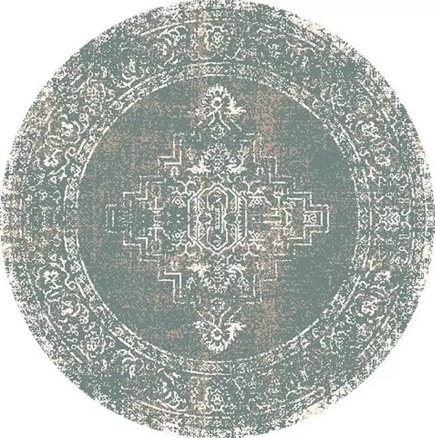 Fraai Rond vintage vloerkleed – Spring Ethnic Groen Creme Ø 120cm