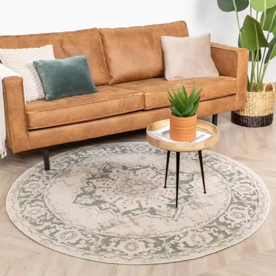 Fraai Rond vintage vloerkleed – Spring Medaillon Creme Groen Ø 200cm
