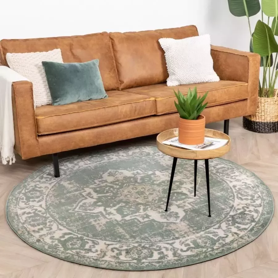 Fraai Rond vintage vloerkleed – Spring Medaillon Groen Creme Ø 120cm