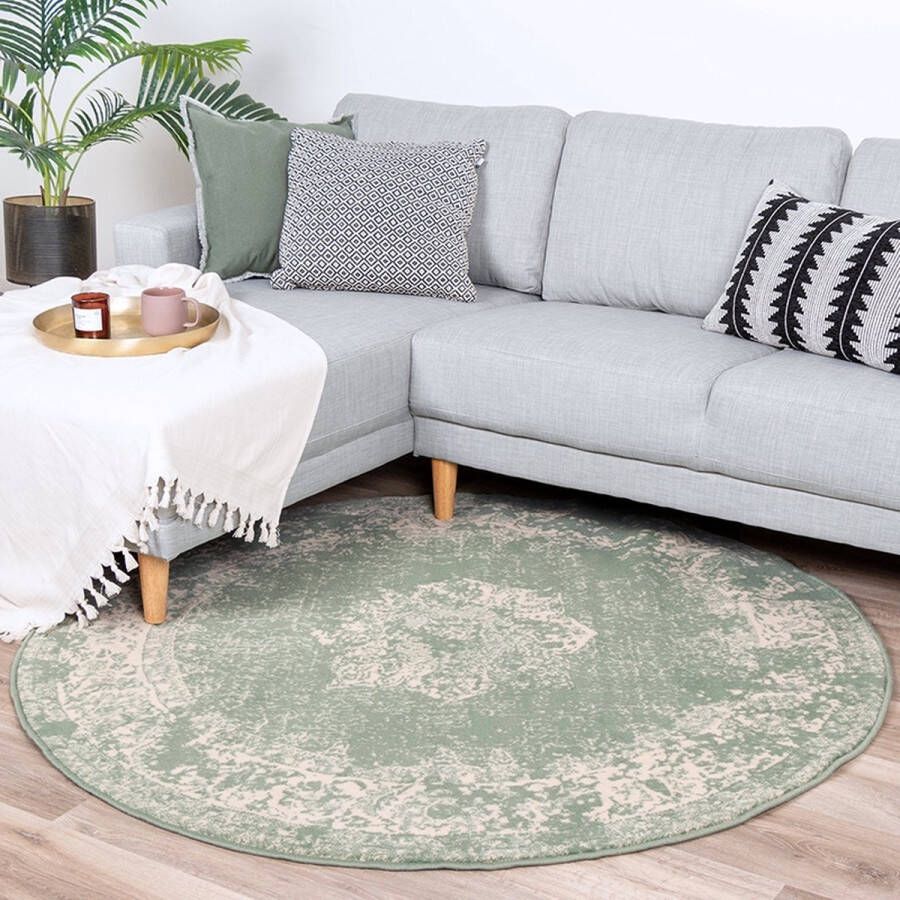 Fraai Rond vintage vloerkleed Wonder Groen Ø 120cm