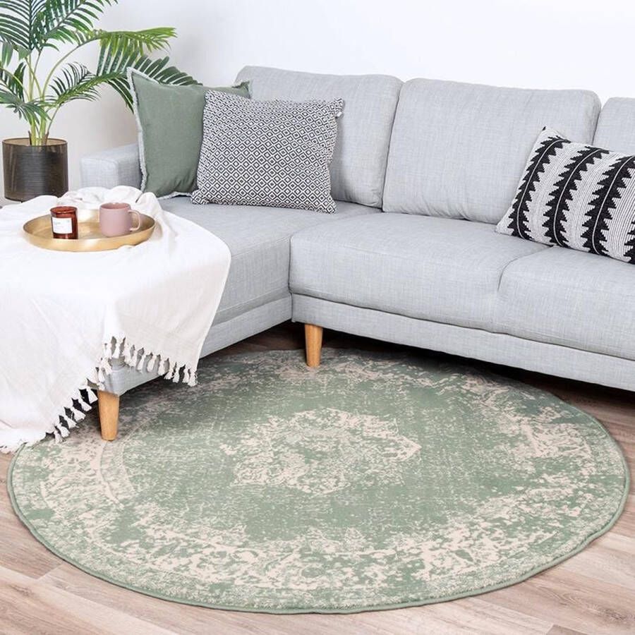 Fraai Rond vintage vloerkleed Wonder Groen Ø 180cm