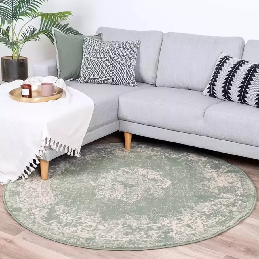 Fraai Rond vintage vloerkleed Wonder Groen Ø 220cm