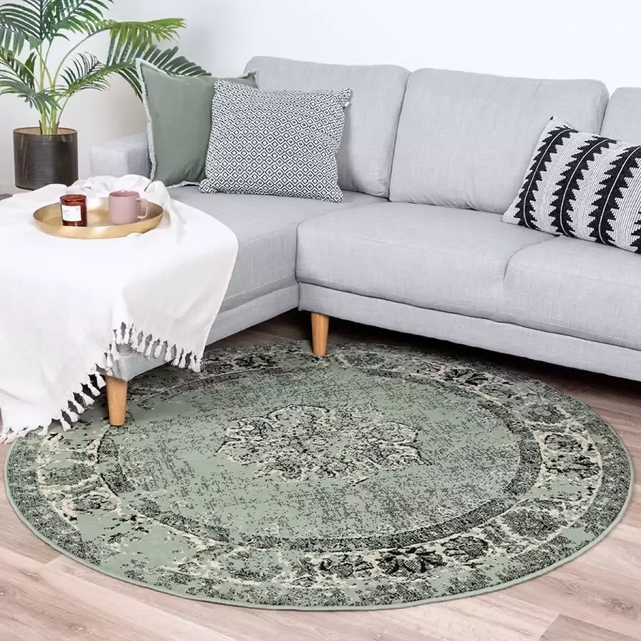 Fraai Rond vintage vloerkleed Wonder Groen Zwart Ø 220cm