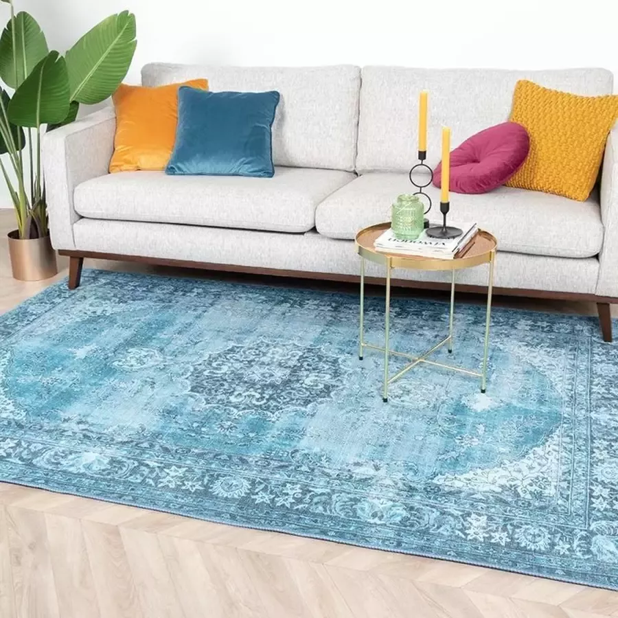 Fraai Vintage Vloerkleed Estate Medaillon Lichtblauw 80x150cm
