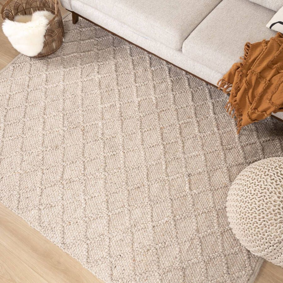 Fraai Wol gevlochten vloerkleed Knit Beige 80x150cm