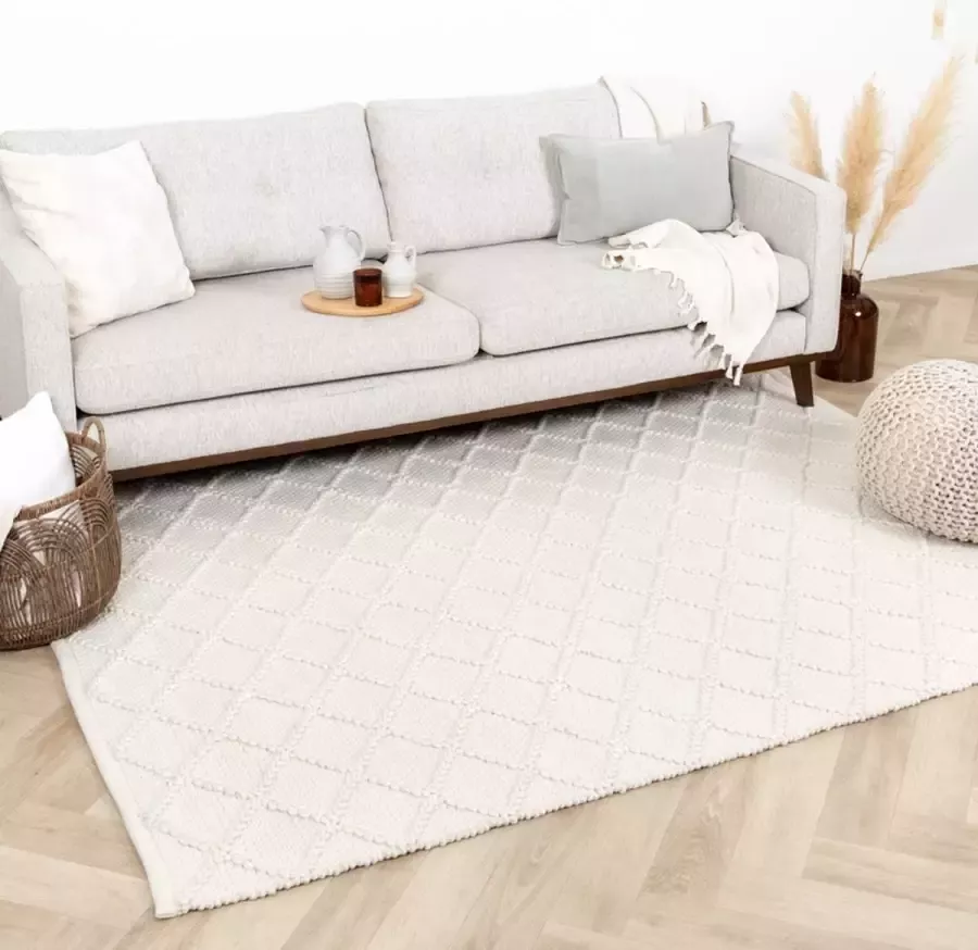 Fraai Wol gevlochten vloerkleed Knit Creme 200x290cm